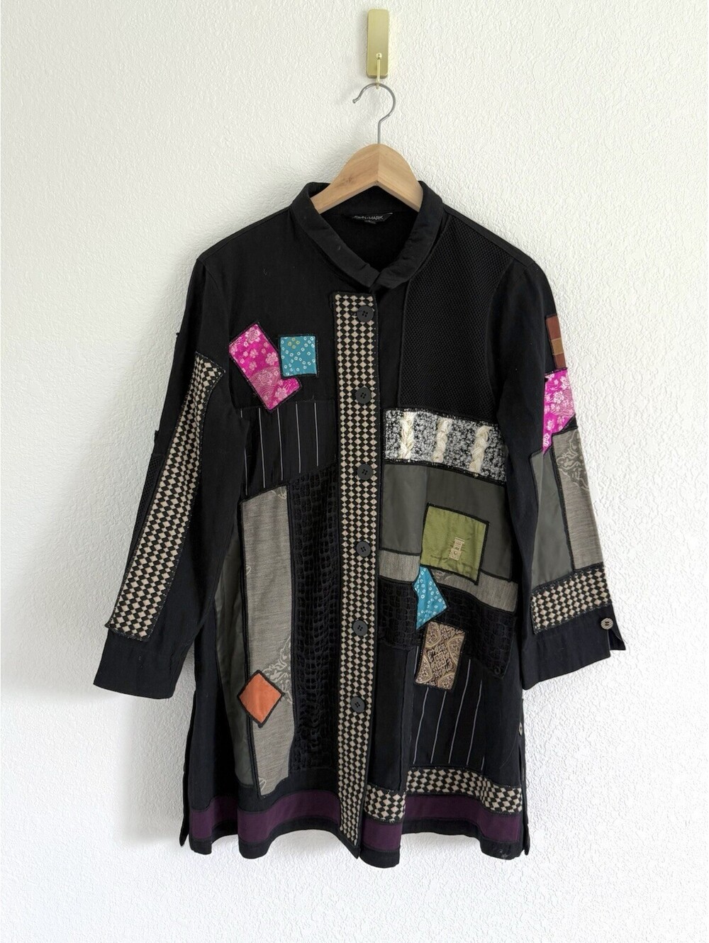 John Mark Artsy Jacket Tunic Patchwork Lagenlook BOHO Wearable Art Black Size S